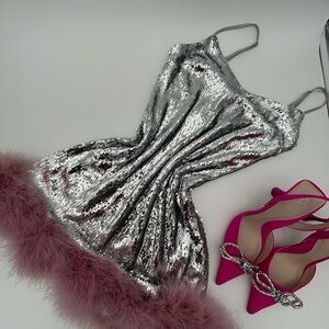 Sequin Feather - Trim Mini Dress